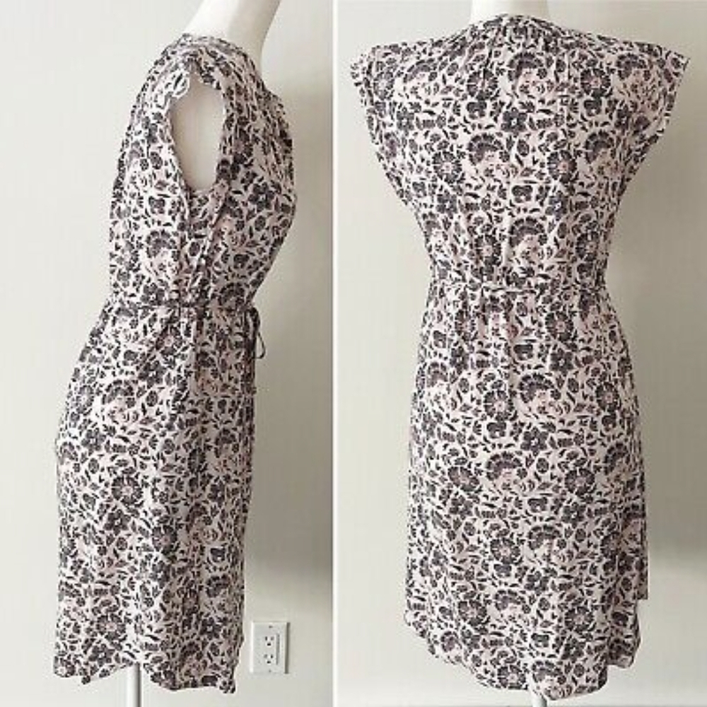 LOFT | Floral Shirtdress, Button Down Tie Waist Cap Sleeve, Pink & Blue - Picture 4 of 14